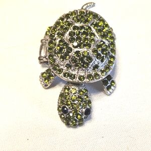 Articulated 90s Green Rhinestone Silver Turtle Stretch Ring Size 7 to Size 14